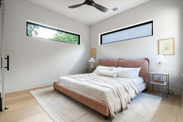 Bedroom, Interior, Recessed Lighting, Wood Texture Flooring