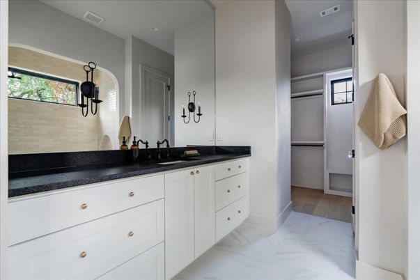 Bathroom, Dual Sink Vanities, Interior, Marble, Wood Texture Flooring