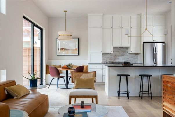 Interior, Kitchen, Pendant Lights, Stainless Steel Appliances, Wood Texture Flooring