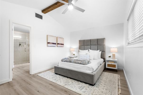 Bathroom, Bedroom, Glass Shower, Interior, Wooden Beams, Wood Texture Flooring