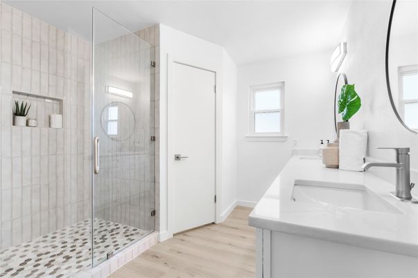 Bathroom, Dual Sink Vanities, Glass Shower, Interior, Wood Texture Flooring