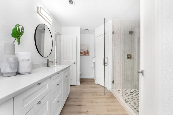 Bathroom, Glass Shower, Interior, Wood Texture Flooring