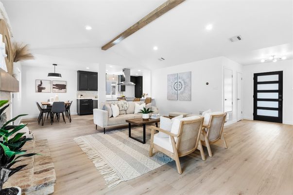 Dining room, Interior, Kitchen, Living room, Recessed Lighting, Wooden Beams, Wood Texture Flooring