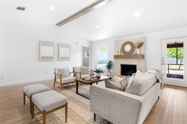 Fireplace, Interior, Living room, Recessed Lighting, Wooden Beams, Wood Texture Flooring