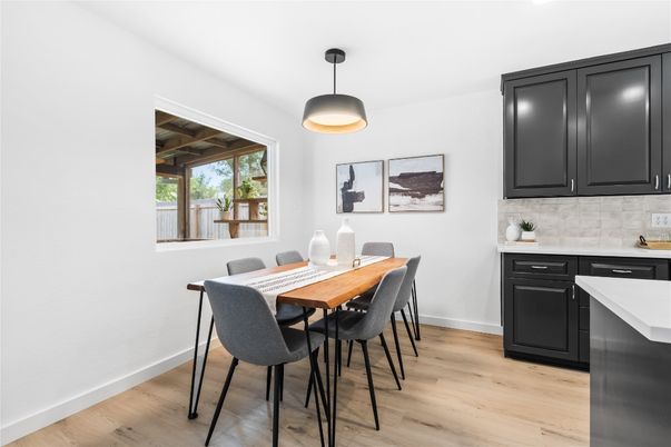 Dining room, Interior, Pendant Lights, Wood Texture Flooring