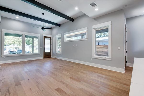 Empty room, Interior, Pendant Lights, Recessed Lighting, Wooden Beams, Wood Texture Flooring