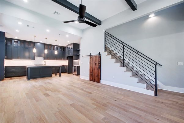 Interior, Kitchen, Pendant Lights, Recessed Lighting, Wood Texture Flooring