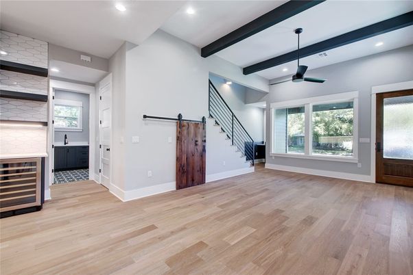 Empty room, Interior, Recessed Lighting, Wooden Beams, Wood Texture Flooring