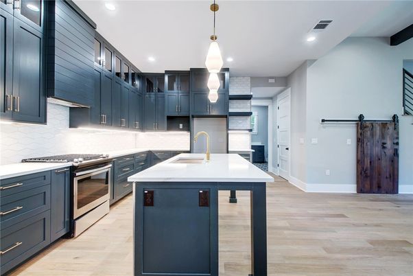 Interior, Kitchen, Pendant Lights, Recessed Lighting, Stainless Steel Appliances, Wood Texture Flooring