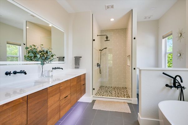 Bathroom, Dual Sink Vanities, Glass Shower, Interior, Recessed Lighting