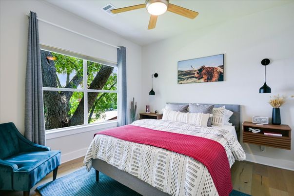 Bedroom, Interior, Pendant Lights, Wood Texture Flooring