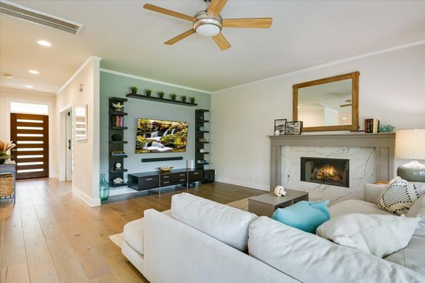 Fireplace, Interior, Living room, Recessed Lighting, Wood Texture Flooring