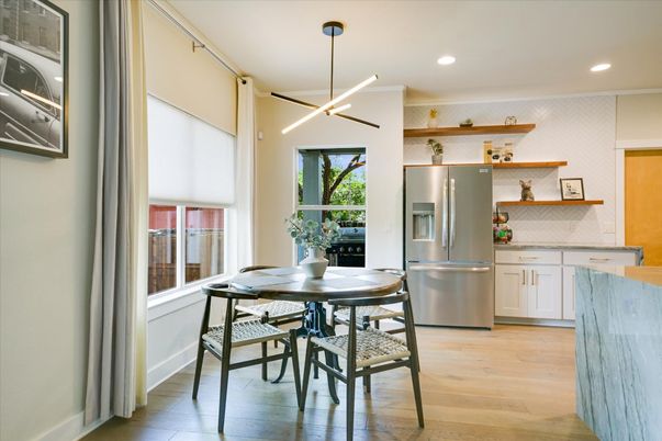 Dining room, Interior, Kitchen, Pendant Lights, Recessed Lighting, Stainless Steel Appliances, Wood Texture Flooring