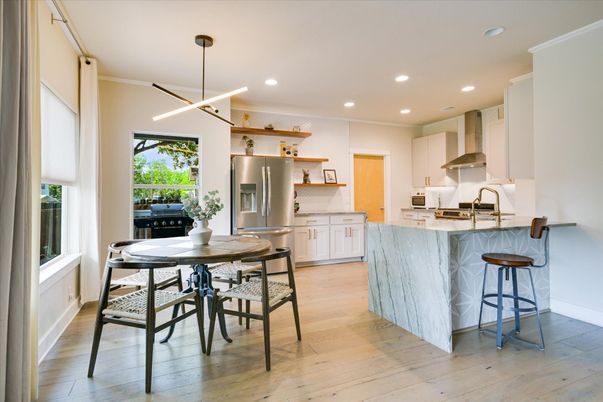 Dining room, Interior, Kitchen, Pendant Lights, Recessed Lighting, Stainless Steel Appliances, Wood Texture Flooring