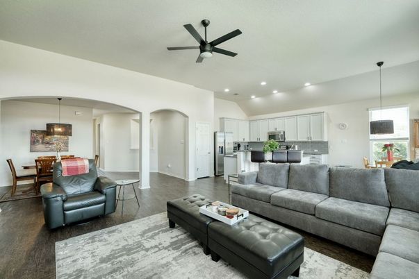 Dining room, Interior, Kitchen, Living room, Pendant Lights, Recessed Lighting, Stainless Steel Appliances, Wood Texture Flooring