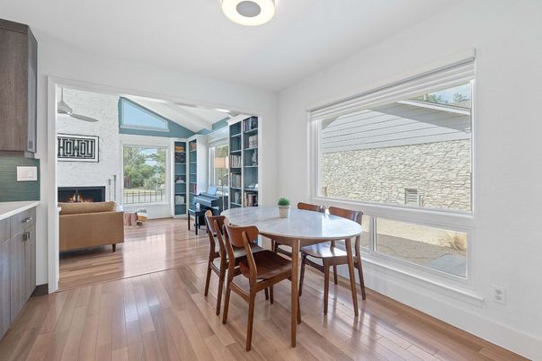 Dining room, Fireplace, Interior, Living room, Wood Texture Flooring