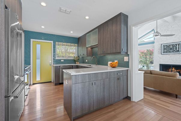Fireplace, Interior, Kitchen, Living room, Recessed Lighting, Wood Texture Flooring