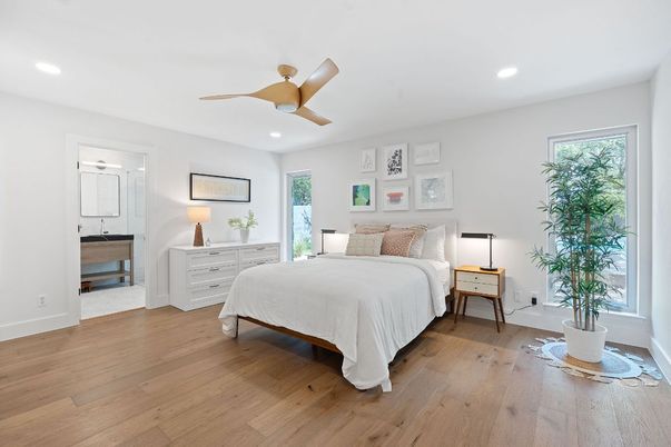 Bedroom, Interior, Recessed Lighting, Wood Texture Flooring