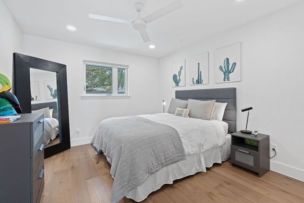 Bedroom, Interior, Recessed Lighting, Wood Texture Flooring
