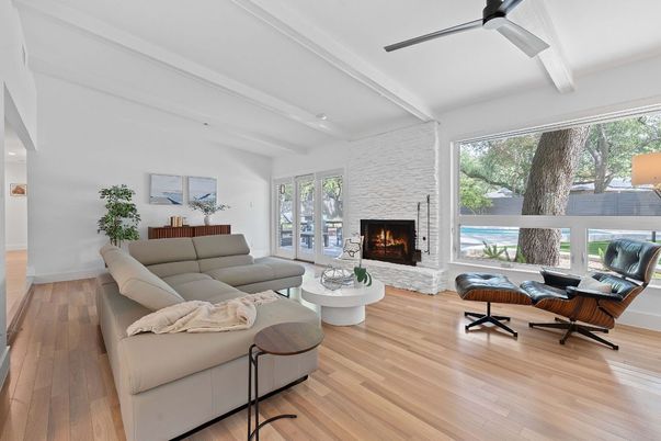 Fireplace, Interior, Living room, Stone Walls, Wood Texture Flooring