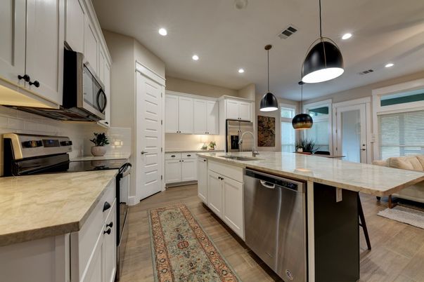 Interior, Kitchen, Pendant Lights, Recessed Lighting, Stainless Steel Appliances, Wood Texture Flooring