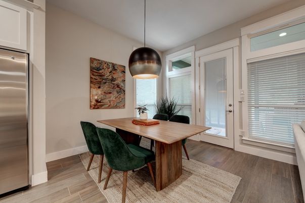 Dining room, Interior, Pendant Lights, Recessed Lighting, Stainless Steel Appliances, Wood Texture Flooring