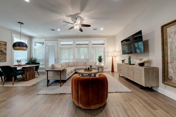 Dining room, Interior, Living room, Pendant Lights, Recessed Lighting, Wood Texture Flooring