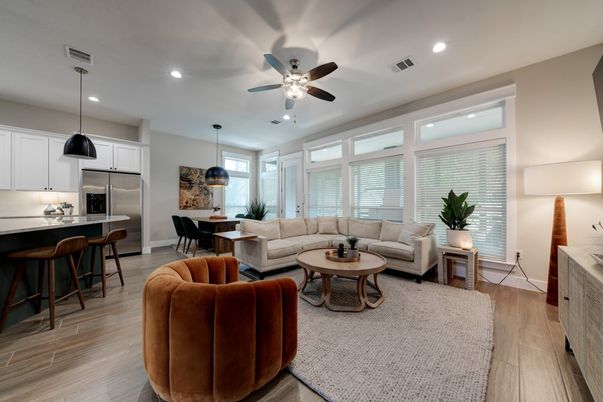 Dining room, Interior, Kitchen, Living room, Pendant Lights, Recessed Lighting, Stainless Steel Appliances, Wood Texture Flooring