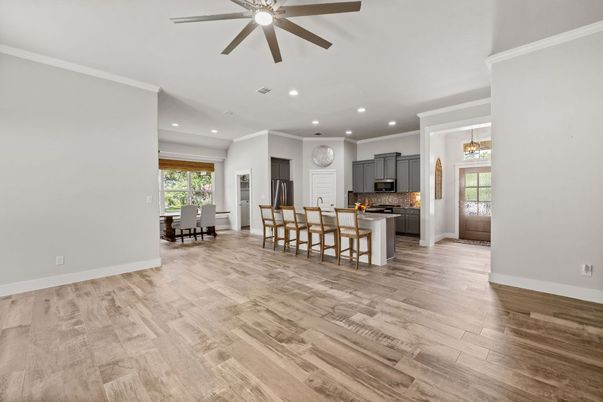 Dining room, Interior, Kitchen, Recessed Lighting, Wood Texture Flooring