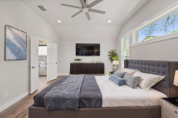 Bedroom, Interior, Recessed Lighting, Wood Texture Flooring