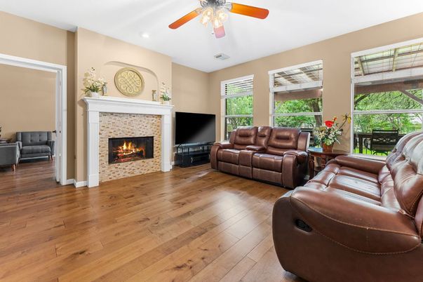Fireplace, Interior, Living room, Recessed Lighting, Wood Texture Flooring