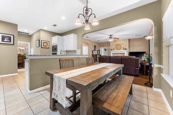 Dining room, Interior, Living room, Pendant Lights, Recessed Lighting, Wood Texture Flooring