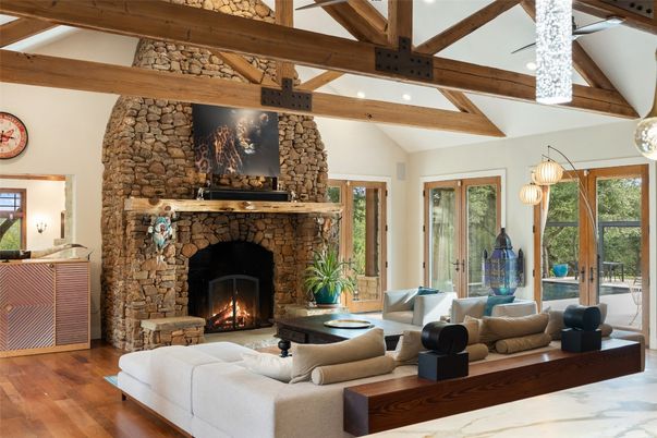 Fireplace, Interior, Living room, Recessed Lighting, Stone Walls, Wooden Beams, Wood Texture Flooring