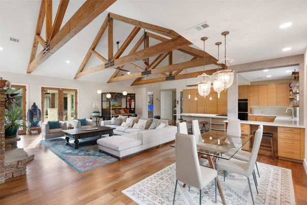 Chandelier, Dining room, Interior, Kitchen, Living room, Pendant Lights, Recessed Lighting, Wooden Beams, Wood Texture Flooring