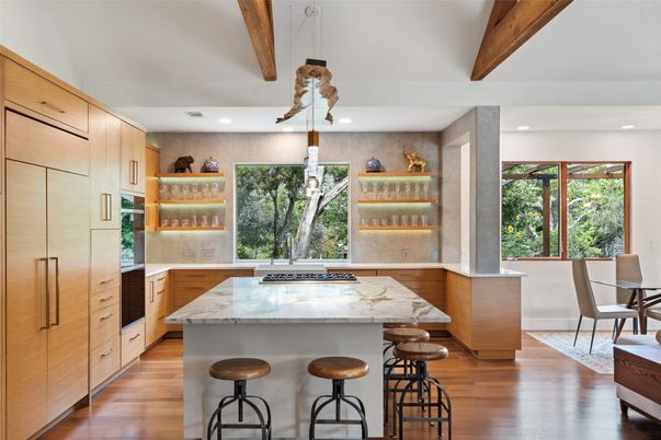 Interior, Kitchen, Pendant Lights, Recessed Lighting, Wooden Beams, Wood Texture Flooring