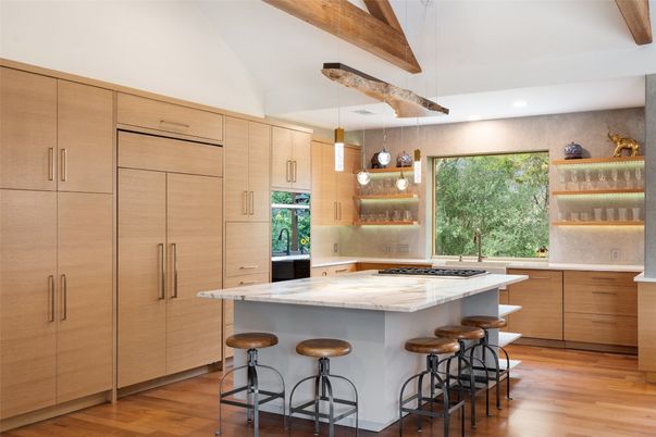 Interior, Kitchen, Pendant Lights, Recessed Lighting, Wooden Beams, Wood Texture Flooring