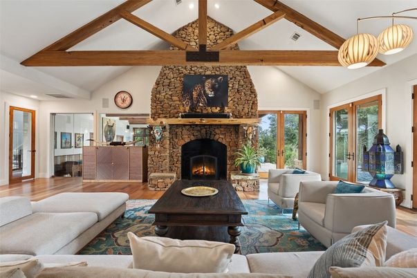 Fireplace, Interior, Living room, Pendant Lights, Stone Walls, Wooden Beams, Wood Texture Flooring