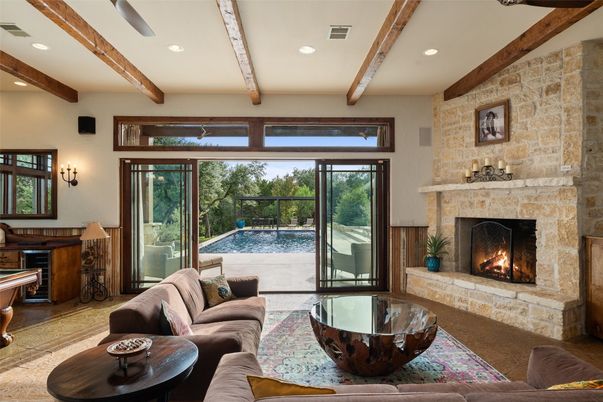 Fireplace, Interior, Living room, Recessed Lighting, Stone Walls, Wooden Beams