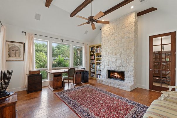 Fireplace, Home Office, Interior, Recessed Lighting, Stone Walls, Wooden Beams, Wood Texture Flooring