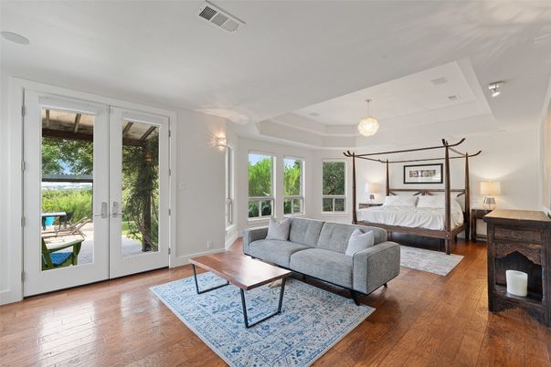 Bedroom, Fireplace, Interior, Pendant Lights, Wood Texture Flooring