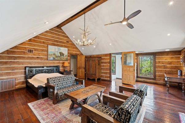 Bedroom, Chandelier, Interior, Recessed Lighting, Wooden Beams, Wood Texture Flooring, Wooden Walls