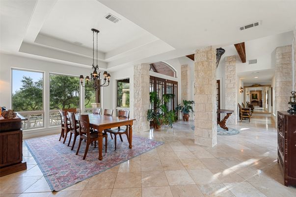 Chandelier, Dining room, Interior, Stone Walls, Wooden Beams