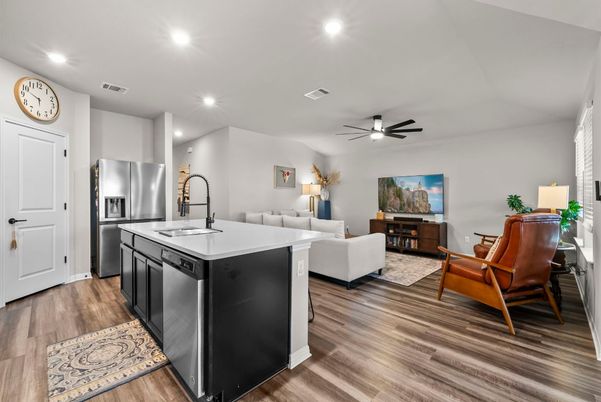 Interior, Kitchen, Living room, Recessed Lighting, Stainless Steel Appliances, Wood Texture Flooring