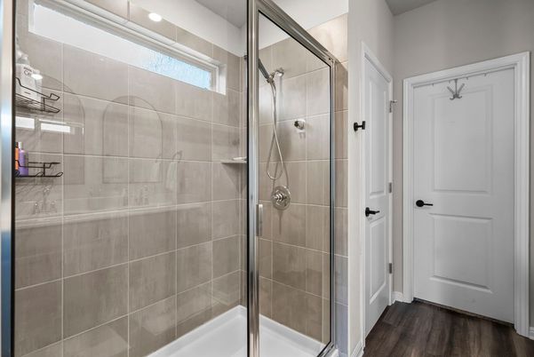 Bathroom, Glass Shower, Interior, Recessed Lighting, Wood Texture Flooring