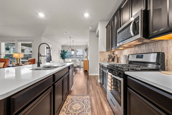 Dining room, Interior, Kitchen, Pendant Lights, Recessed Lighting, Wood Texture Flooring