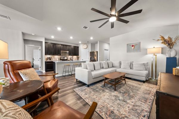Interior, Kitchen, Living room, Recessed Lighting, Stainless Steel Appliances, Wood Texture Flooring