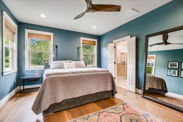 Bedroom, Fireplace, Interior, Recessed Lighting, Wood Texture Flooring