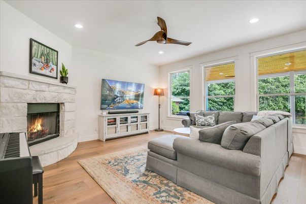 Fireplace, Interior, Living room, Recessed Lighting, Wood Texture Flooring