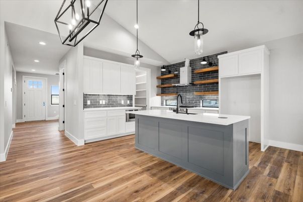 Interior, Kitchen, Pendant Lights, Recessed Lighting, Wood Texture Flooring, Wooden Walls