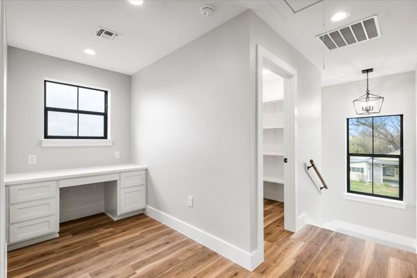 Empty room, Interior, Pendant Lights, Recessed Lighting, Wood Texture Flooring